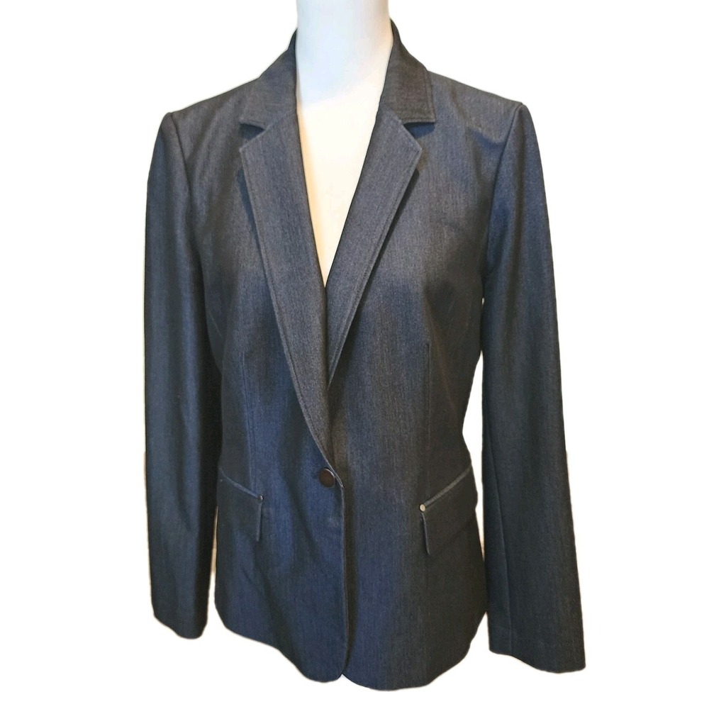 Roz & Ali Jacket Blazer Womens 12 Navy Blue Denim-Like Sheen Casual Career Fall
